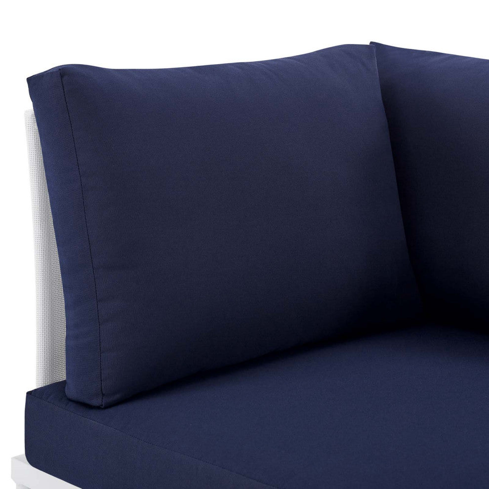 Lounge Loveseat Sofa, Sunbrella, Aluminum, Metal, White Blue Navy, Outdoor