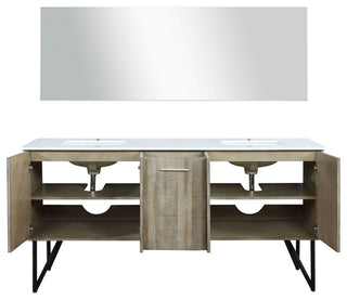 Lancy 72" Rustic Acacia DB Vanity, White Quartz Top, Square Sinks, 70" Mirror