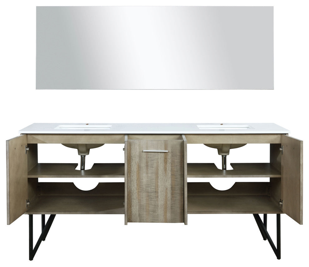 Lancy 72" Rustic Acacia DB Vanity, White Quartz Top, Square Sinks, 70" Mirror