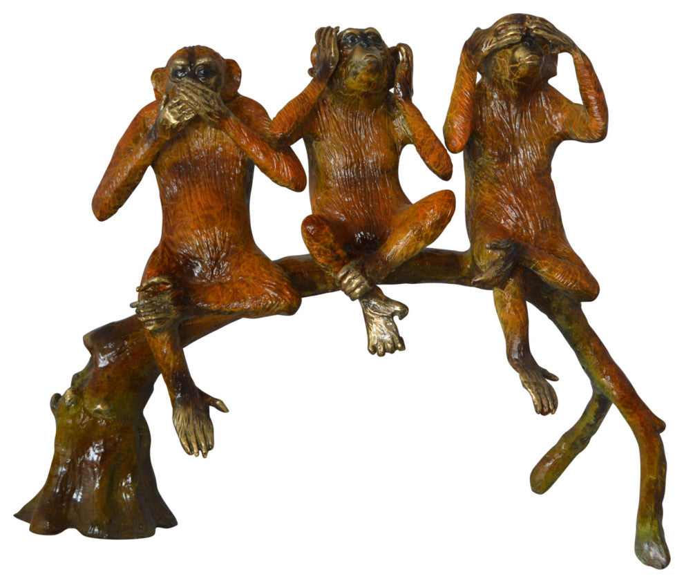 Three wise monkeys on a tree branch bronze statue - Size: 27"L x 11"W x 18"H.