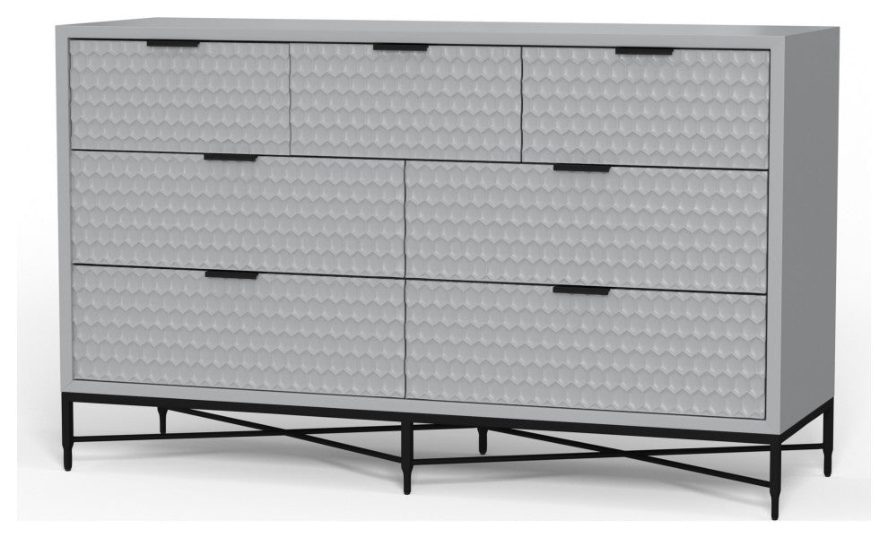 Benzara BM284245 7 Drawer Dresser, Honeycomb, Mahogany Wood, Light Gray, Black