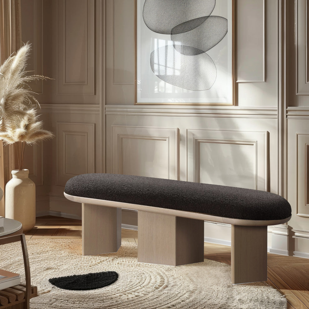 Wilshire Boucle Fabric Upholstered Bench, Brown, Natural Oak Finish