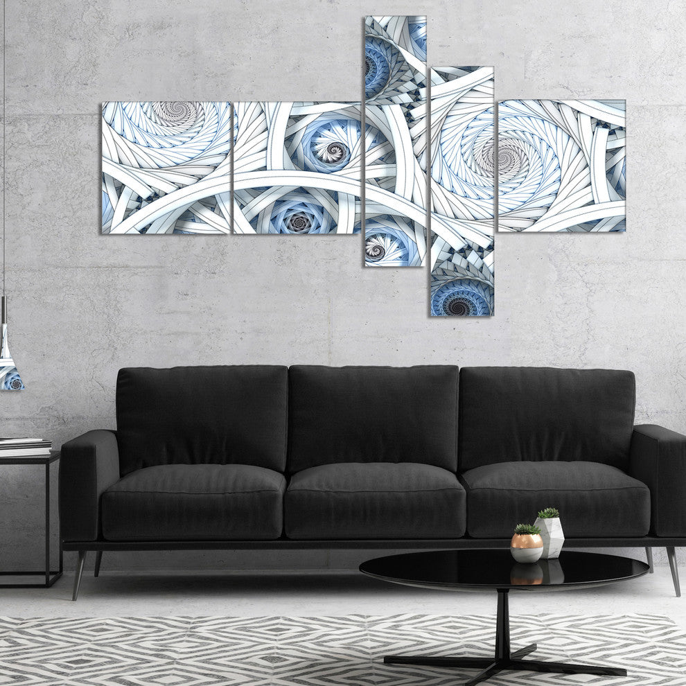 White Spiral with Blue Fractal Art, Large abstract art, 60"x32", 5 panels