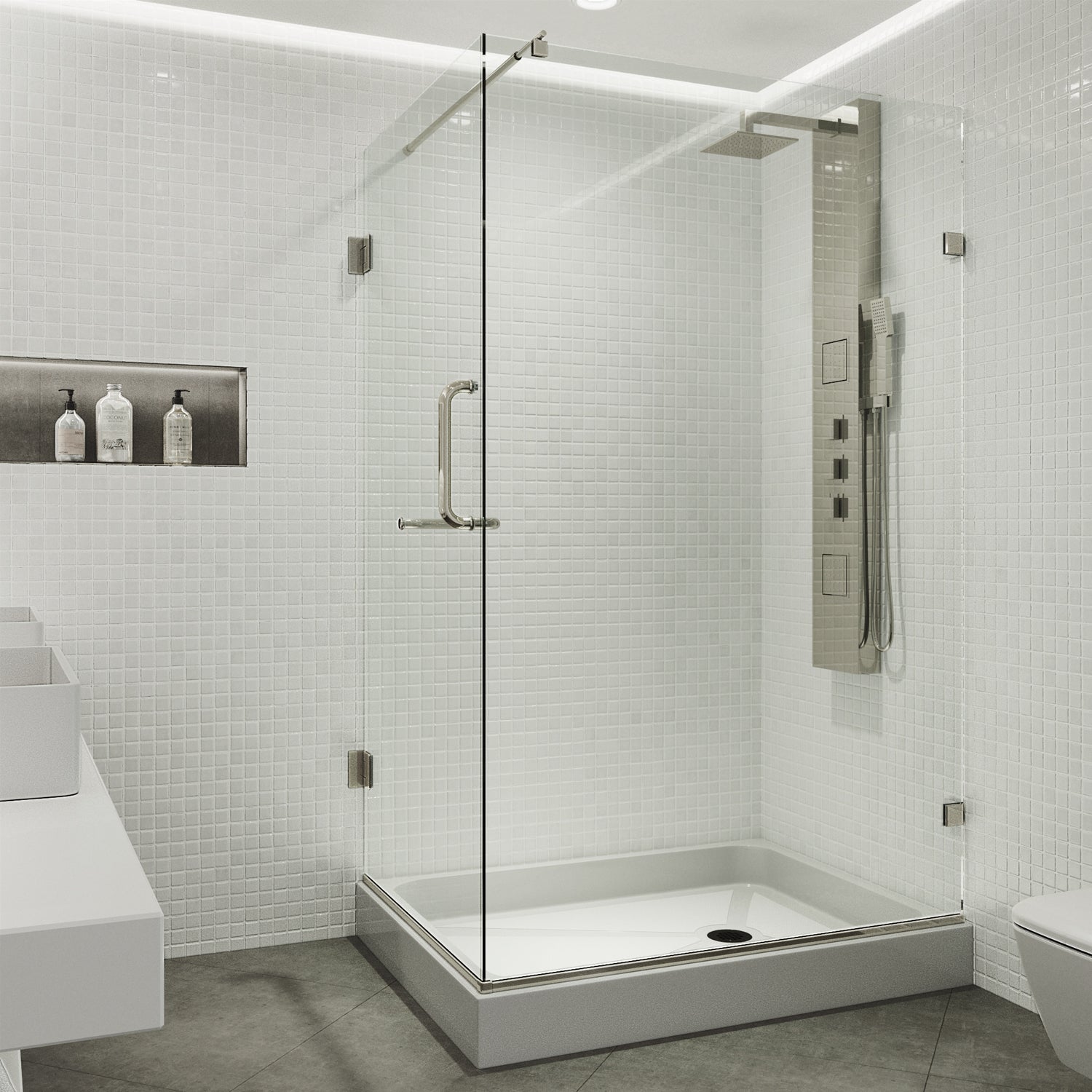 VIGO Pacifica 48"D x 36"W x 79"H Frameless Hinged Shower Enclosure, Brushed Nickel, Right Base