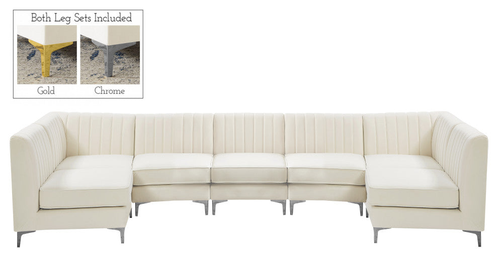 Alina Velvet Modular U-Shaped Sectional, Cream, 7-Piece: 5 Armless Chair, 2 Corner Chair