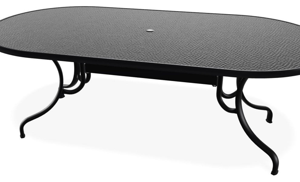 42" x 84" Oval Hammered Outdoor Dining Table with Umbrella Hole, Black