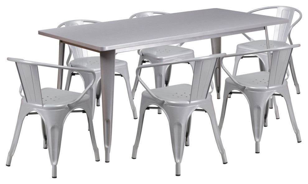 31.5''x63'' Rectangular Metal Indoor Table Set with 6 Arm Chairs, Silver
