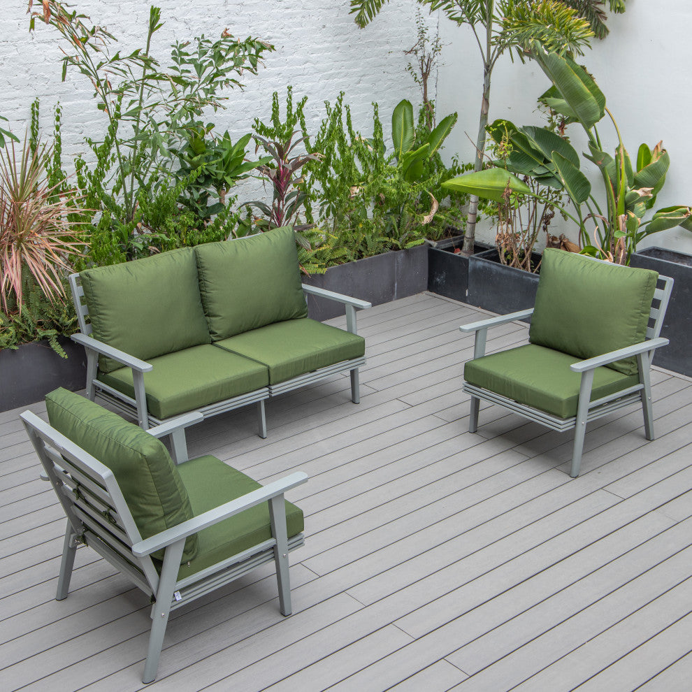 LeisureMod Walbrooke 3-Piece Patio Set With Gray Aluminum Frame and Cushions, Green