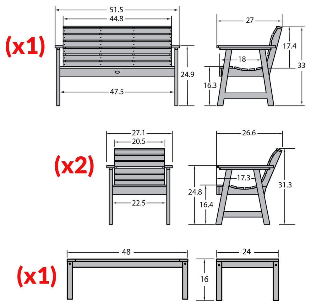 4' Weatherly Bench, Chairs, Conversation Table, 4-Piece Set, Rustic Red