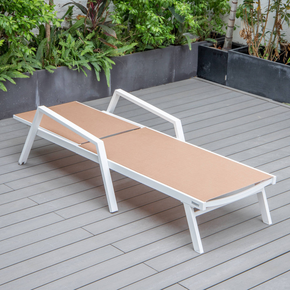LeisureMod Marlin Patio Chaise Lounge Chair With Arms White Frame, Light Brown