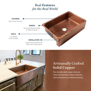 Lange Copper 25" Single Bowl Farmhouse Apron Front Undermount Kitchen Sink