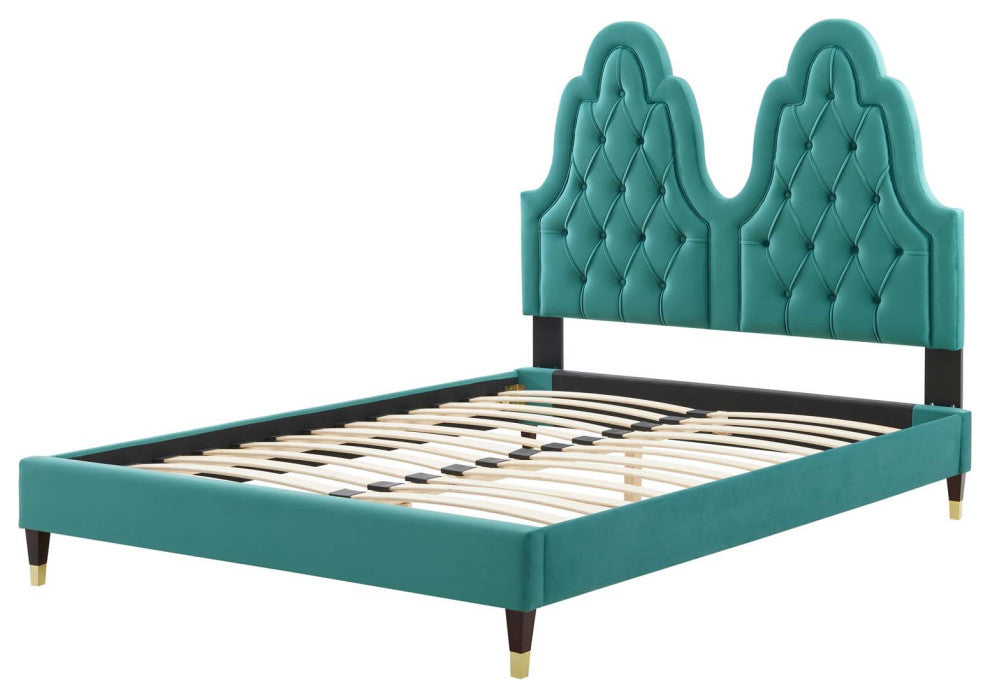 Tufted Platform Bed Frame, Twin Size, Velvet, Teal Blue, Modern Contemporary