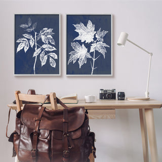 Maple Leaf Elm Stem Vintage Blue White Illustration,2pc, each 24 x 30