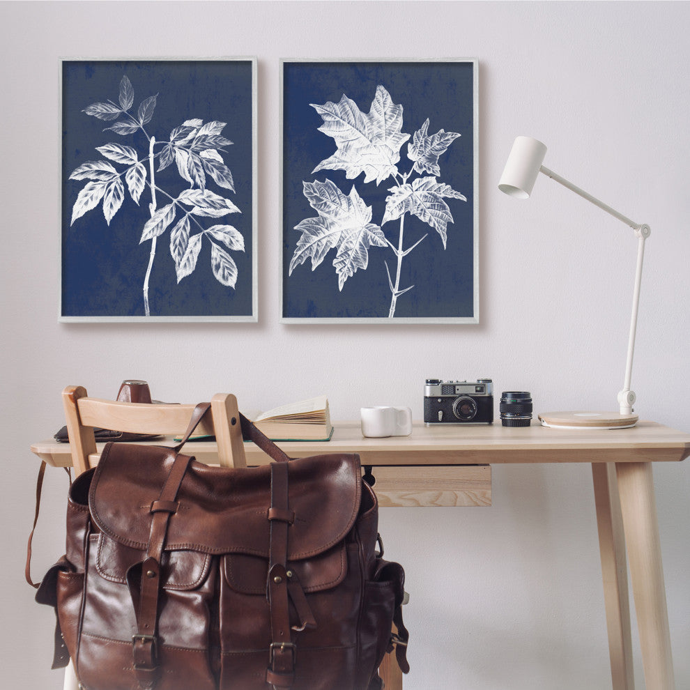Maple Leaf Elm Stem Vintage Blue White Illustration,2pc, each 24 x 30