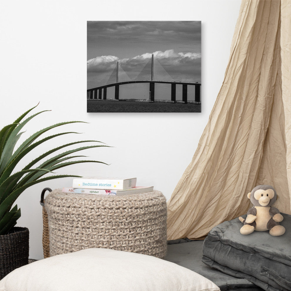 Skyway Bridge Black & White Landscape Photo Canvas Wall Art Print, 16" X 20"