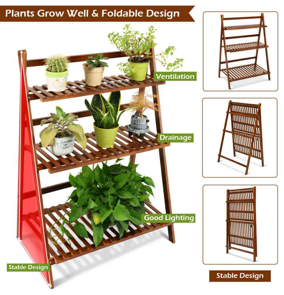 Costway 3 Tier Folding Shelf Stand Bamboo Flower Pot Display Rack Organizer