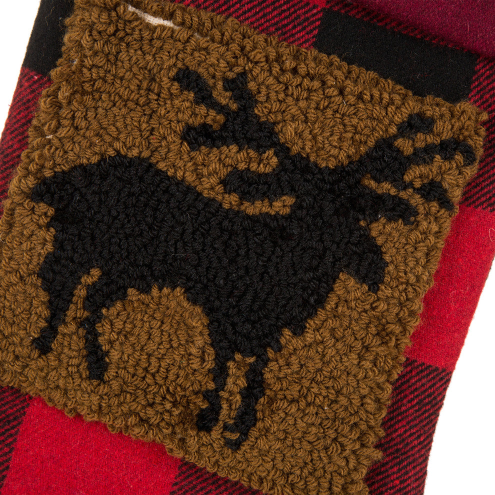Set of 2 Plaid Stocking With Rug Hooked, Reindeer