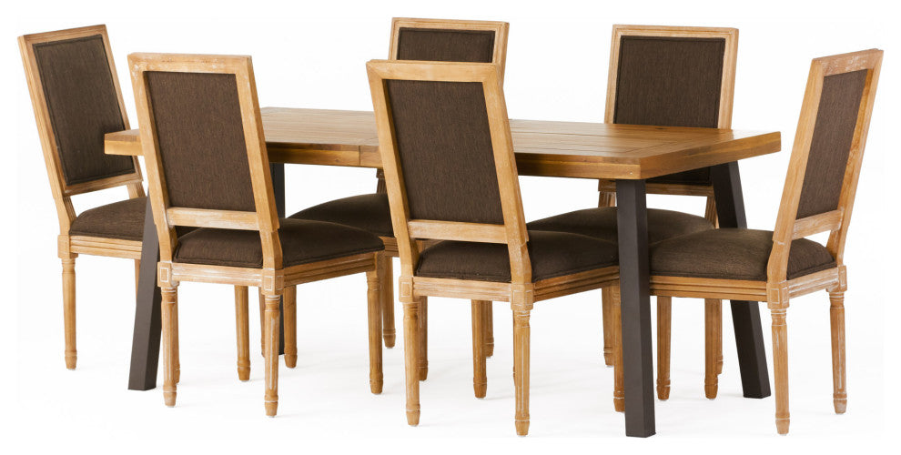 Marten Farmhouse Fabric Upholstered Wood and Cane 7 Piece Dining Set, Brown + Natural + Rustic Metal + Natural Stained