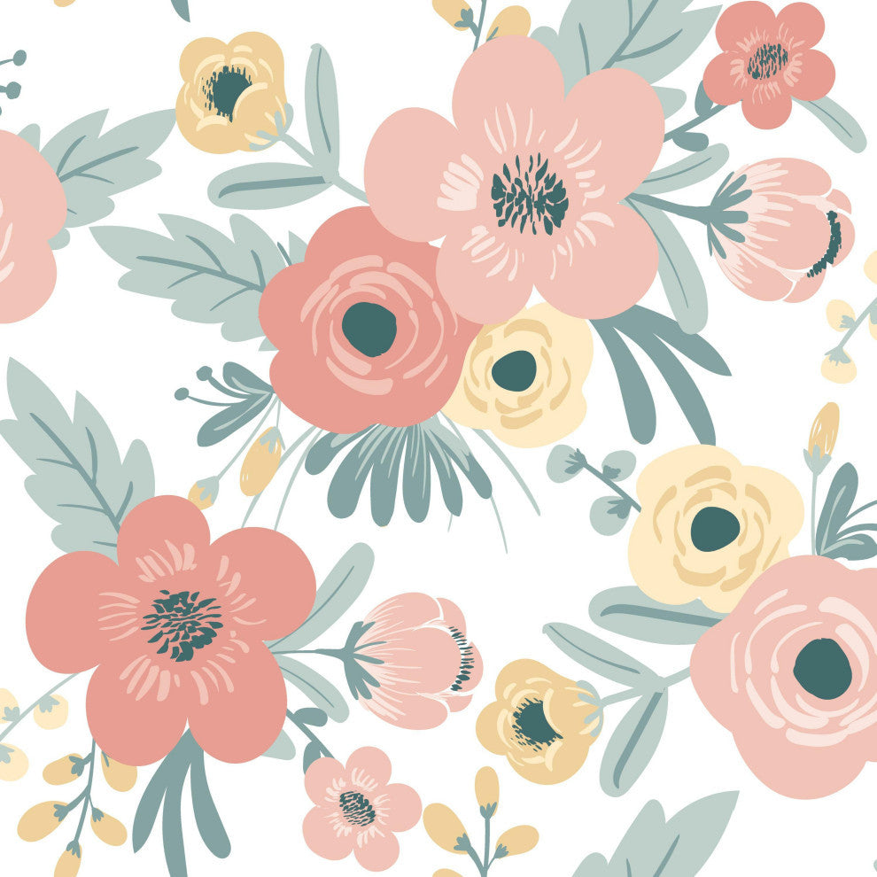 Poppy Floral Peel and Stick Wallpaper, White and Pink