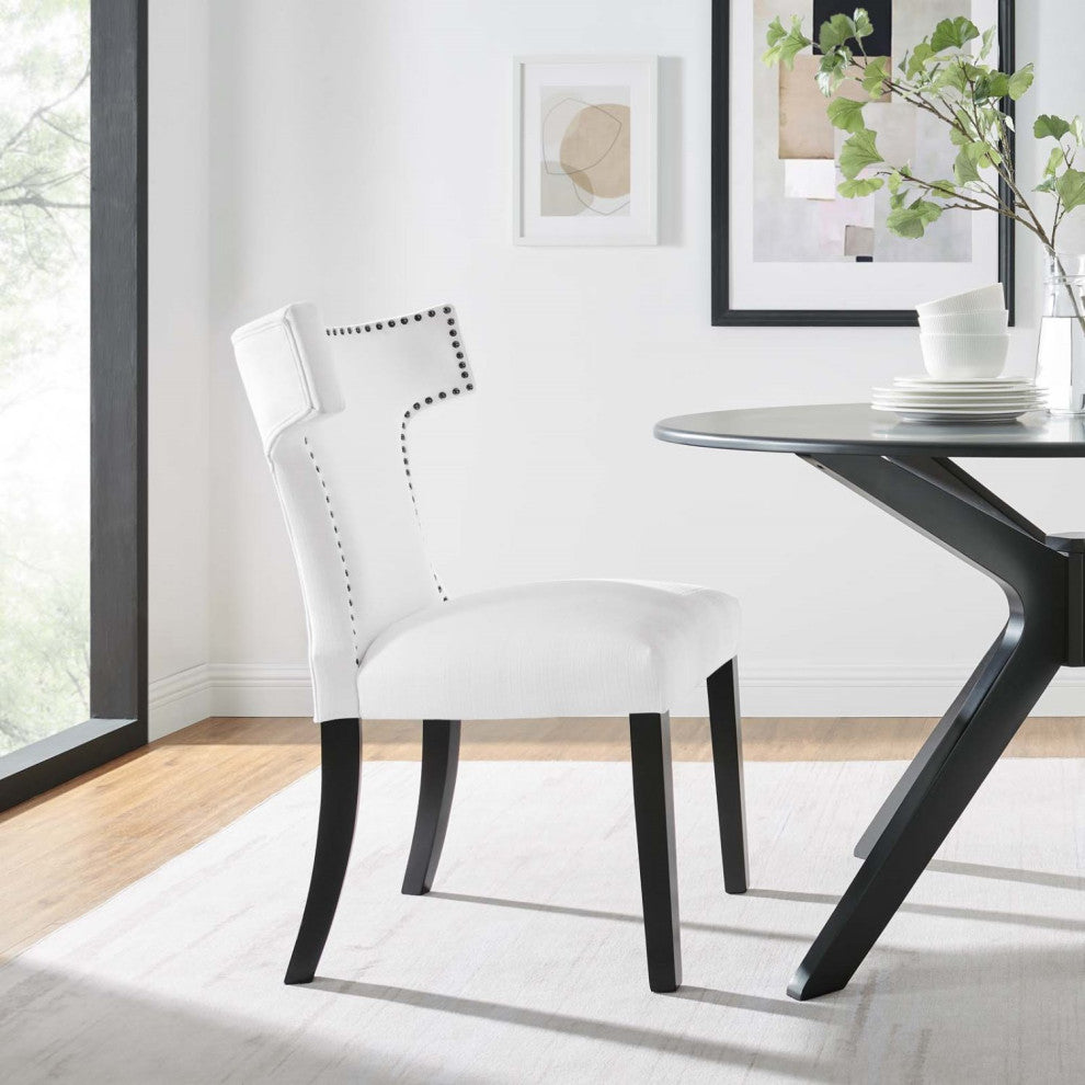 Side Dining Chair, Rivet Nailhead, White, Fabric, Modern