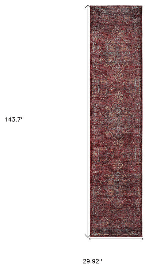 12' Runner Red and Gold Oriental Power Loom Runner Rug