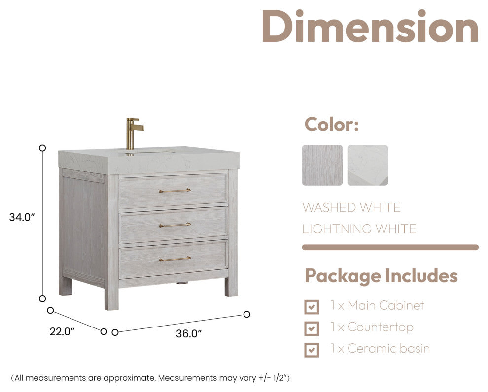 Leon Bath Vanity With Composite Stone Top, Washed White, 36", No Mirror