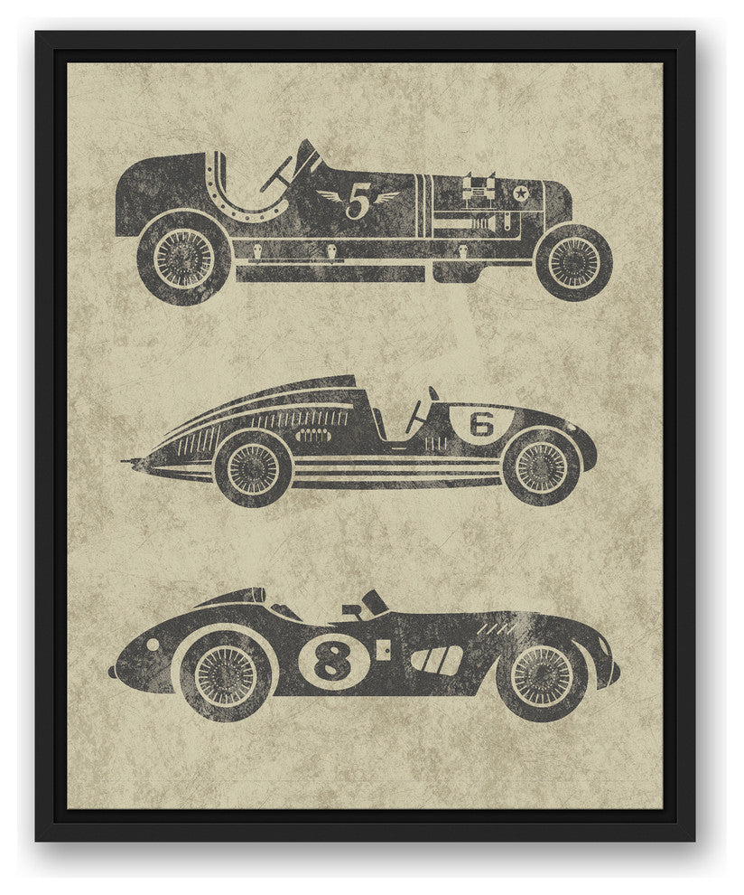 Vintage Race Cars 16x20 Black Floating Framed Canvas