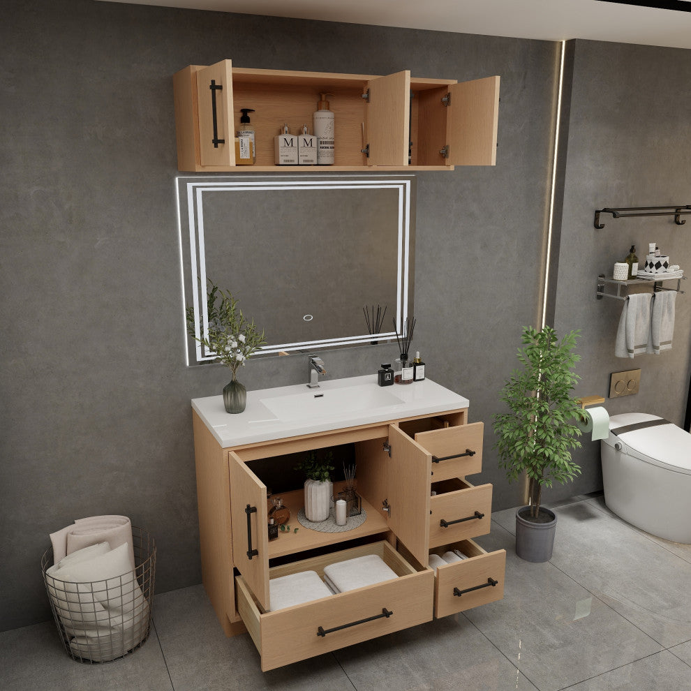 Victoria 42" Solid Wood Bath Vanity, Overhead Cabinet, Yellow Oak