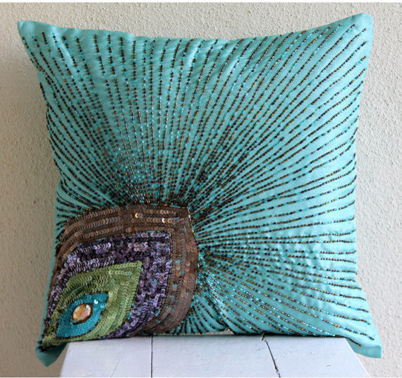 Blue Art Silk 14"x14" Peacock Feather Pillowcases, Peacock Grace