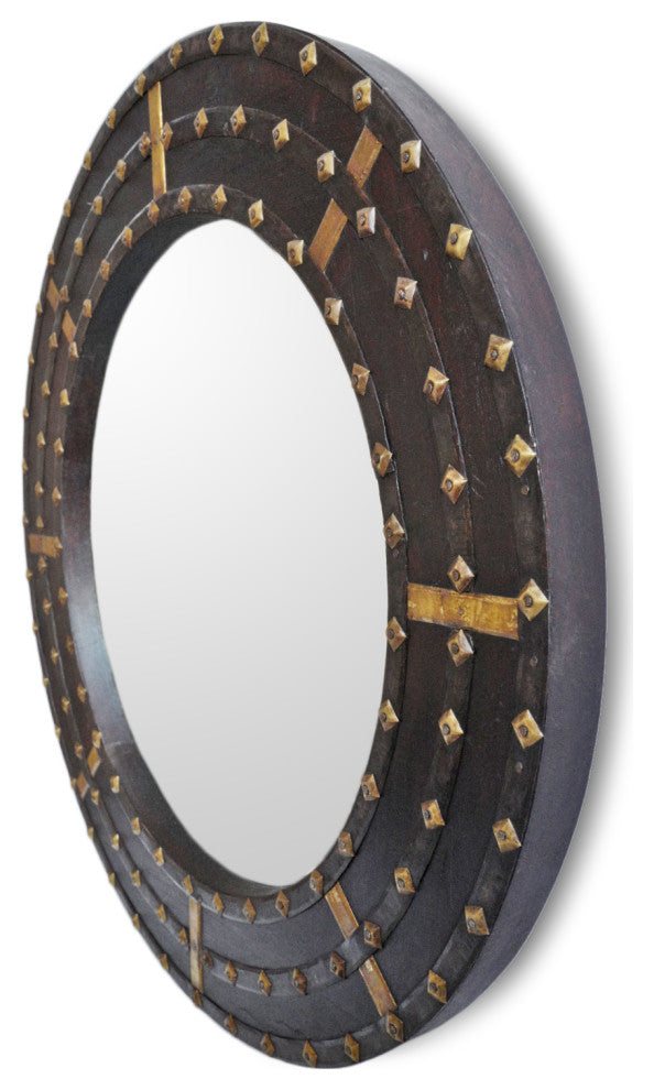 Round Ox Cart Wood and Brass Mirror