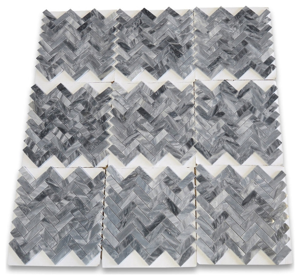 Bardiglio Gray Dark Grey Marble 1x3 Herringbone Mosaic Tile Polished, 1 sheet