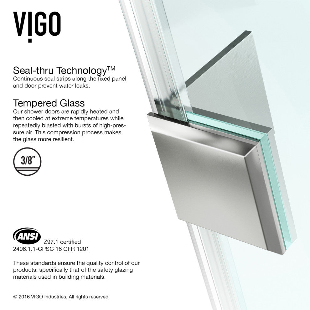 VIGO Monteray 36"D x 36"W x 79"H Frameless Hinged Shower Enclosure, Brushed Nickel, With Base