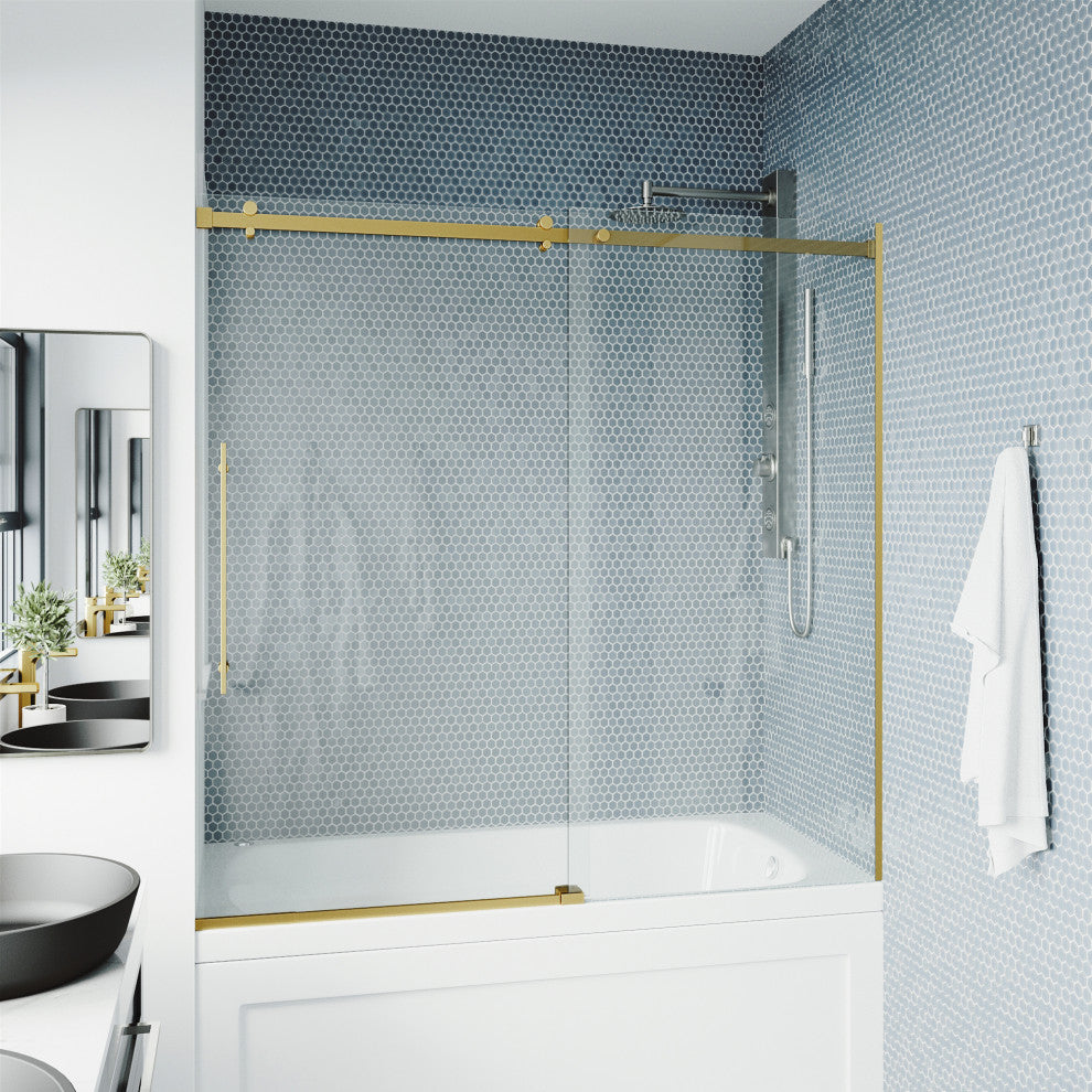 VIGO Luca 56" to 60" W x 58" H Frameless Sliding Tub Door, Matte Brushed Gold, Clear Glass