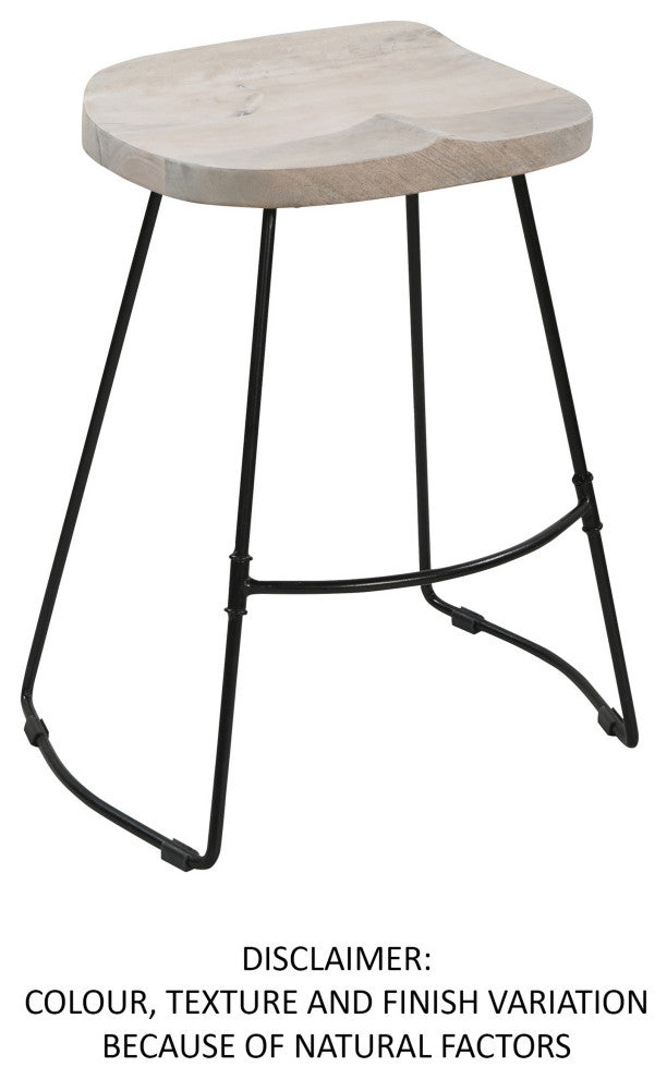 24" Backless Counter Stool Whitewashed Mango Wood Saddle Seat Black Metal