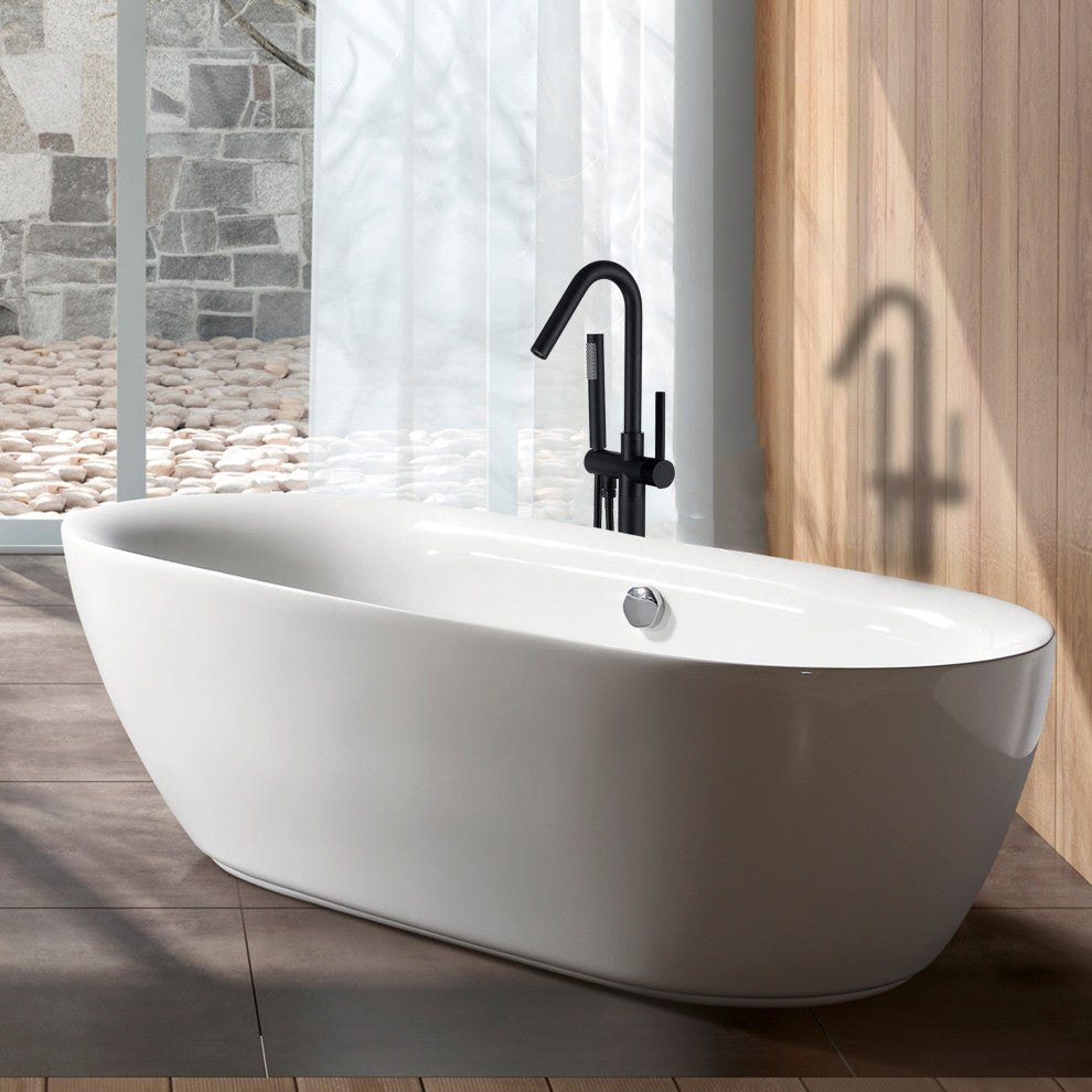 Floor Mounted Stainless Steel Handle Bathtub Faucet, Handheld, Matt Black