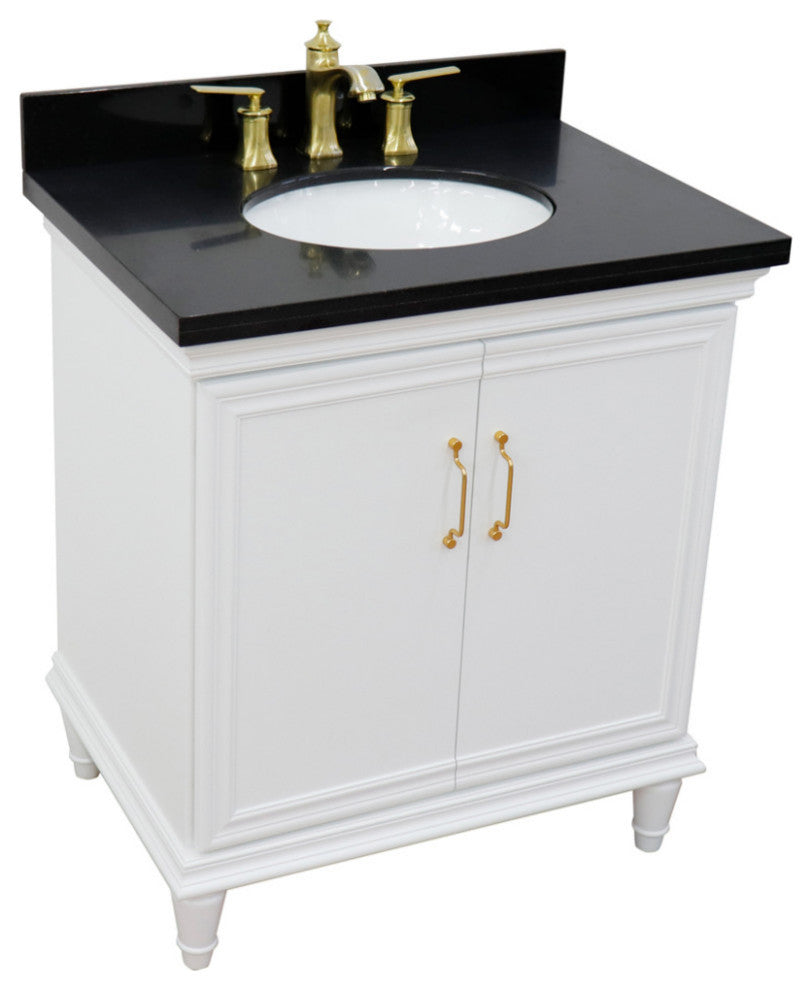 31" Single Vanity, White Finish With Black Galaxy And Oval Sink