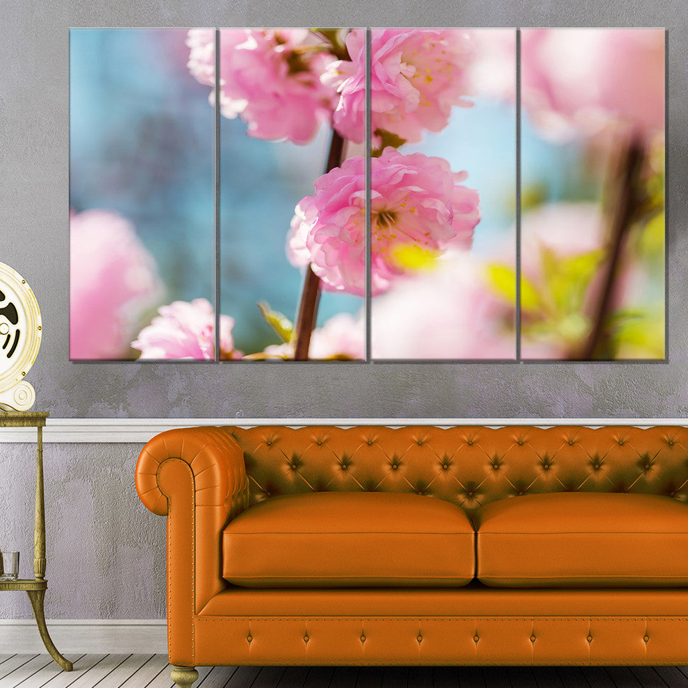 Almond Tree Pink Flowers, Large Flower Canvas Wall Art, 48"x28", 4 Panels