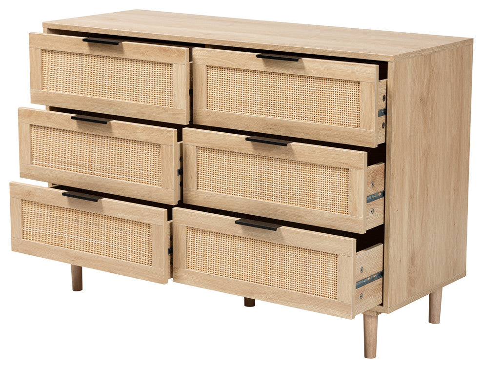 Harrison Natural Brown Finished Wood and Natural Rattan 6-Drawer Storage Cabinet