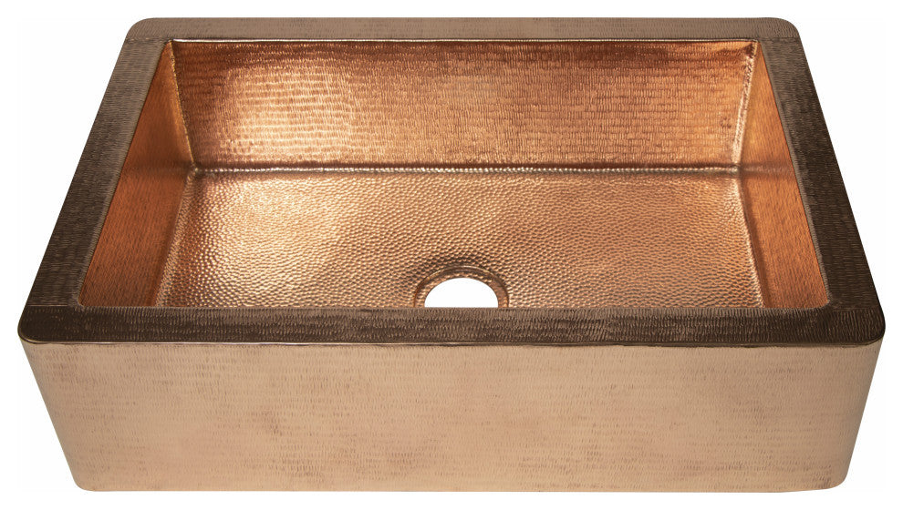 33" Farmhouse Single Bowl Straight Apron Hammered Copper Kitchen Sink, 16 Gauge