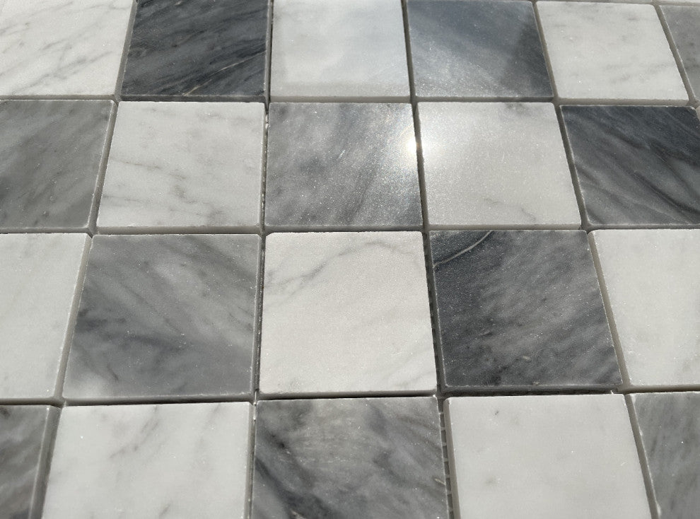 Carrara White Bardiglio Gray Marble Checkerboard Mosaic Tile Polished, 1 sheet