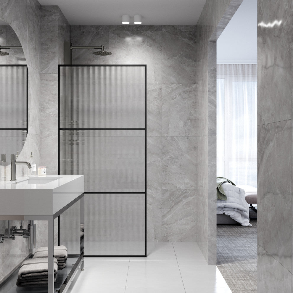 VIGO Divide 34" W x 74" H Framed Fixed Shower Screen, Matte Black, Fluted Glass