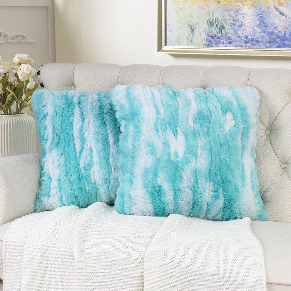 Jacquard Faux Fur Pillow Covers Set of 2, Blue Turquoise, 26'' x 26''