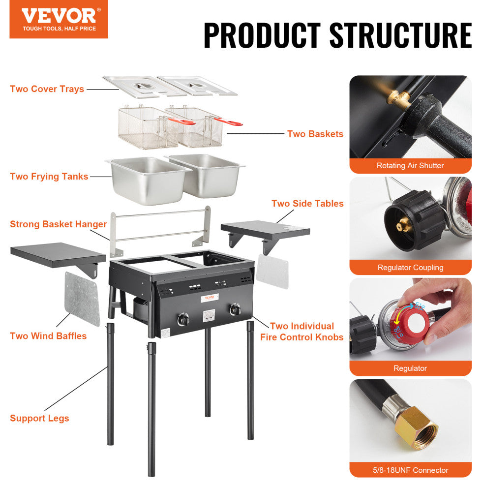 VEVOR 16 Qt Double Burner Outdoor Propane Deep Fryer Steel Cooker Dual Baskets