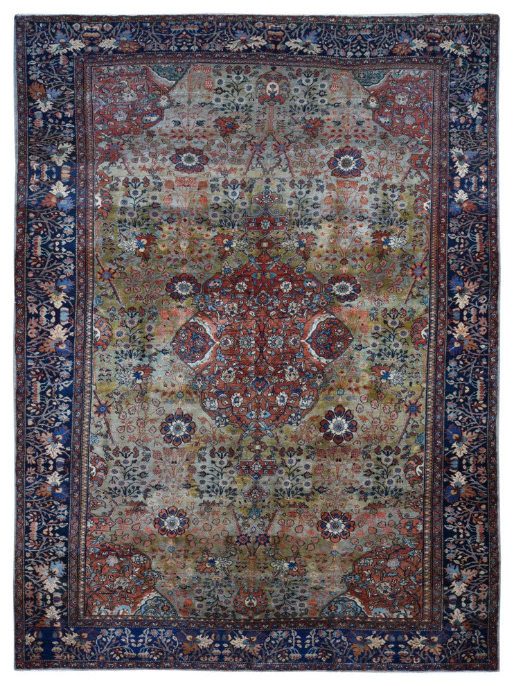 Green, Rare Antique Persian Sarouk Fereghan Hand Knotted Wool Rug, 8'4"x11'6"