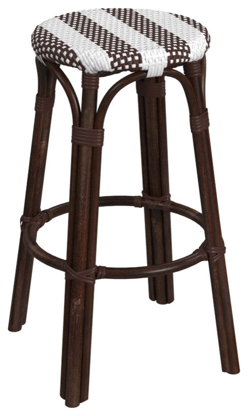 Tobias Round Rattan 30" Bar Stool, White and Brown Stripe