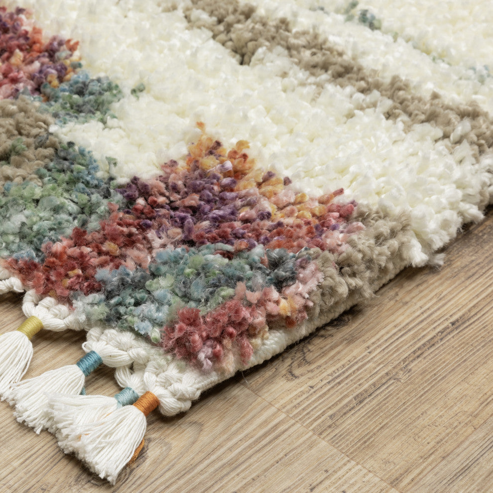 Aurora Abstract Stripe Ivory/Multi Indoor Area Rug, Ivory, 2'3" x 7'6"