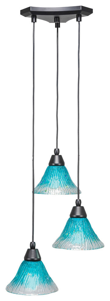 Europa 3-Light Cluster Pendalier, Matte Black/Teal Crystal