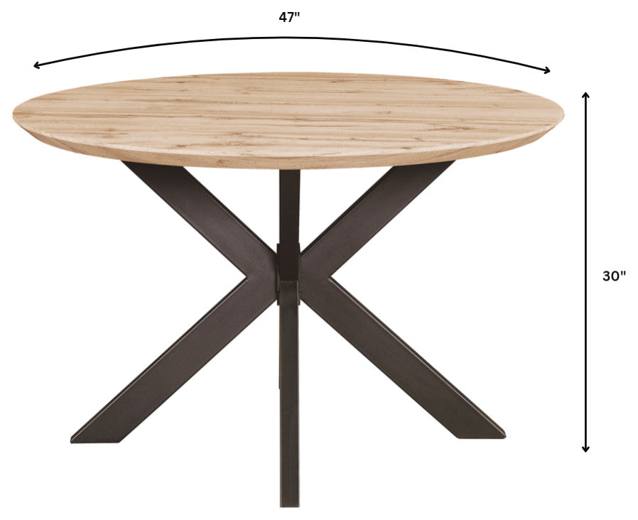 Ravenna 47" Round Dining Table MDF Tabletop in Geometric Metal Base, Natural Wood
