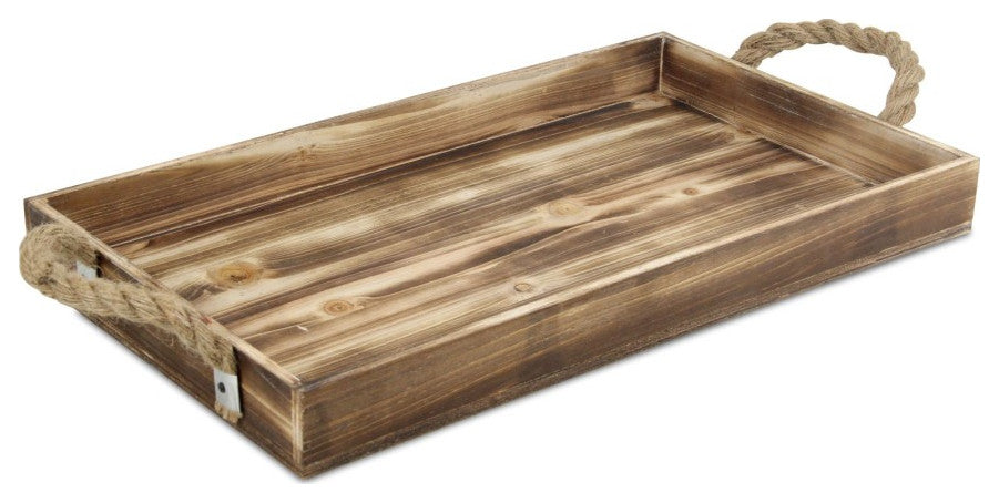 Brown Wooden Tray With Rope Handles