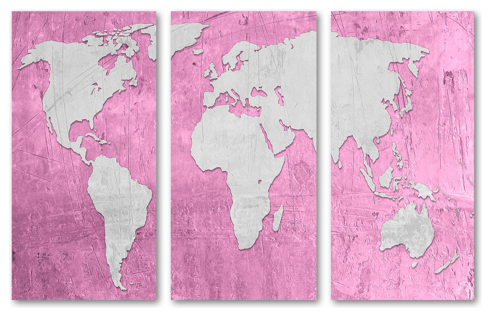 Pink Pale Plum, Silver World Map Canvas Print, 3 Panel Split, Triptych